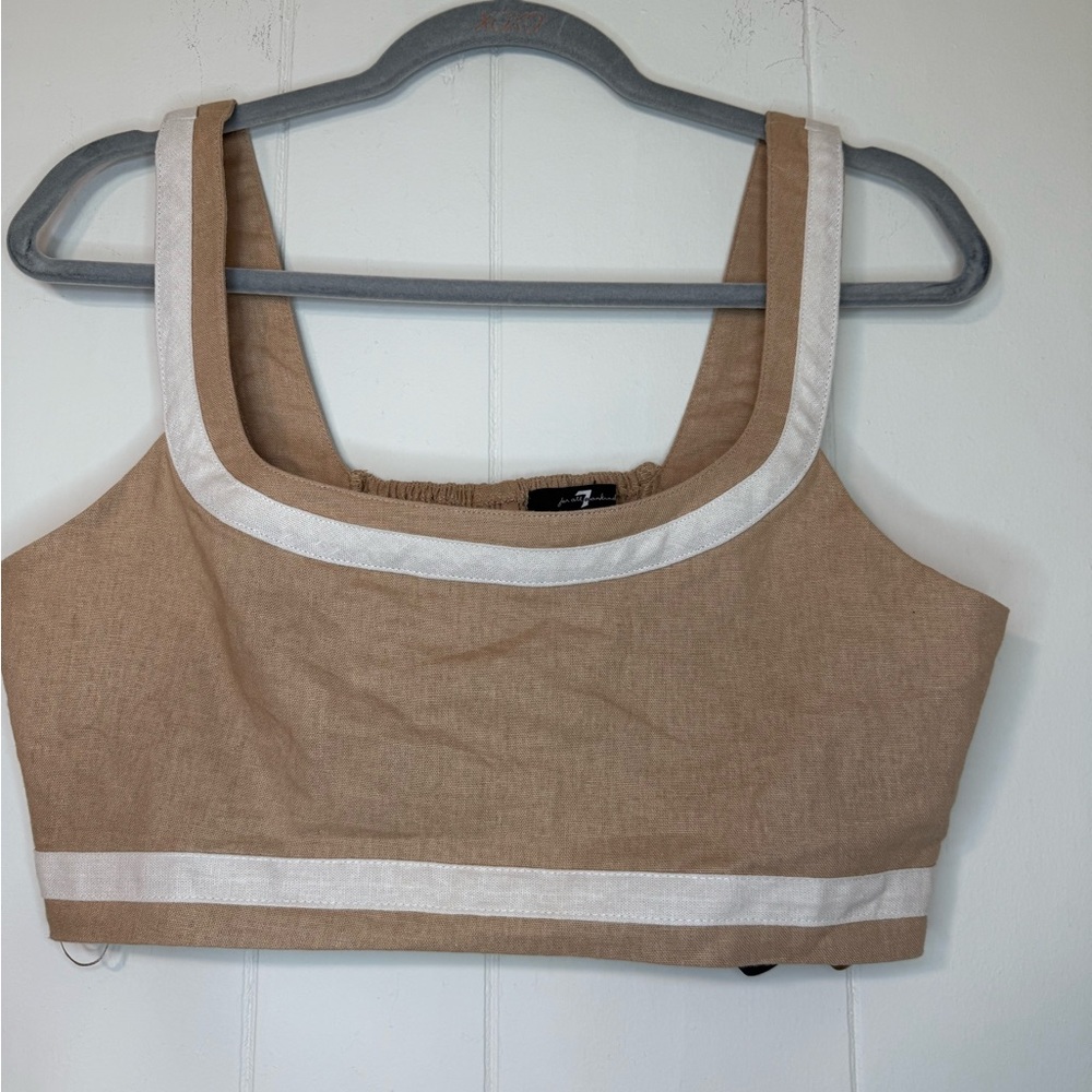 7 For All Mankind linen-blend crop top in a tan color with white contrast trim
